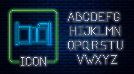 Glowing neon Bed icon isolated on brick wall background. Neon light alphabet. Vector