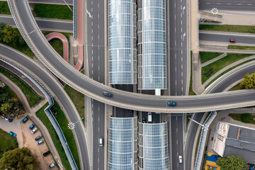 Aerial drone top view of highway multilevel junction in urban populated area, Warsaw, Poland