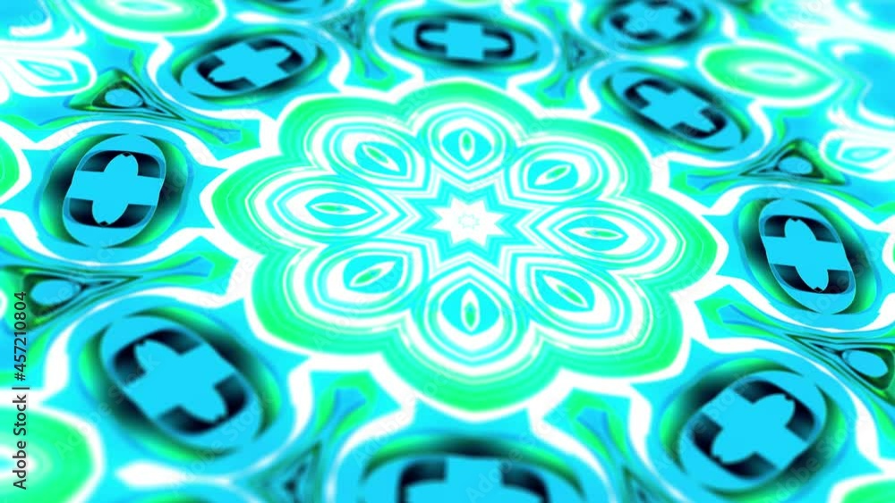 Poster kaleidoscopic structure with neon flash lights. pattern like symmetrical radial ornament on blue pla