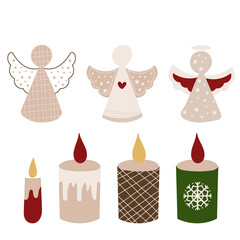 Christmas Angels and Candles Clipart. Vector illustration.