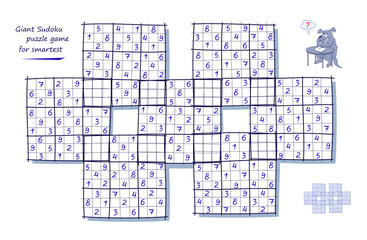 Logic game for smartest. Giant Sudoku. Big size puzzle with 7 squares, difficult level. Printable page for kids brain teaser book. Developing counting skills. Play online. Vector illustration.