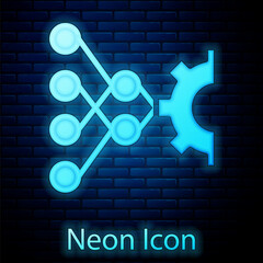 Glowing neon Neural network icon isolated on brick wall background. Artificial intelligence AI. Vector