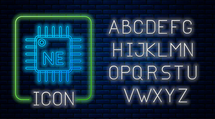 Glowing neon Computer processor with microcircuits CPU icon isolated on brick wall background. Chip or cpu with circuit board. Micro processor. Neon light alphabet. Vector