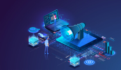 Action with a megaphone. A large speaker, the promoter speaks to people. Transfer of important information through social networks. A public relations platform. Vector isometric illustration.