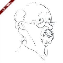 Linear, vector drawing by hand. A sketch, an abstract face, of a sad and confused elderly man with glasses.