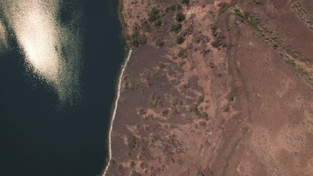 Drone View Overhead Canyon Lake Panning Up to Dry Falls Visitor Center