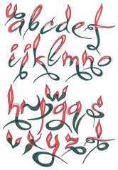 Pointed black and red font for creating creative inscriptions. Letters with long tails can be intertwined. Alphabet for modeling openwork phrases in the style of graffiti for print and website design