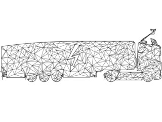 polygon pattern electric e-truck Lorry LKW TIR with electric lightning symbol on the trailer and an overhead line pantographs on the truck cabin from an overhead line for electrically powered vehicles