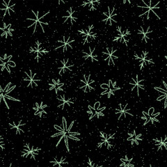 Naklejka na ściany i meble Hand Drawn Snowflakes Christmas Seamless Pattern. Subtle Flying Snow Flakes on chalk snowflakes Background. Authentic chalk handdrawn snow overlay. Classy holiday season decoration.