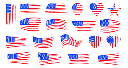 Collection of American flags of various shapes on a white background. Vector illustration. 
