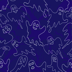 Hand drawn seamless Halloween pattern.Silhouettes of ghosts on the background of night trees. Vector illustration.