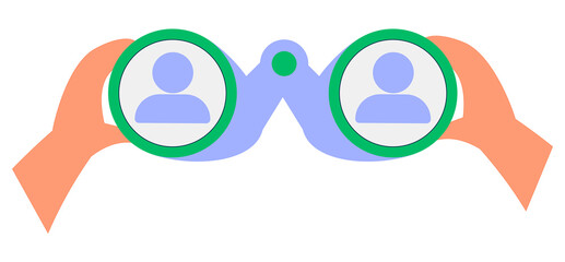 Hand gesture symbolizing binoculars, magnification, looking into the distance, point of view. Vision, prediction, look forward. Flat line vector illustration on yellow.