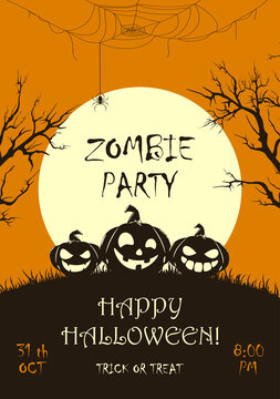 Zombie Party on Orange Halloween Background with Happy Pumpkins