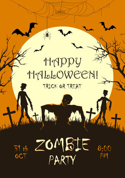 Zombie Party on Orange Halloween Background