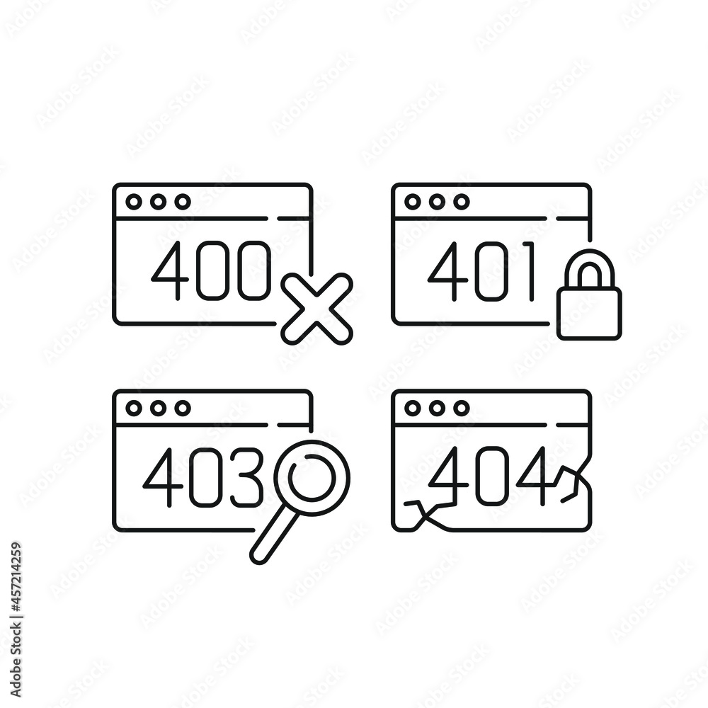 Poster website error linear icons set. thin line customizable illustration. contour symbol. vector isolated