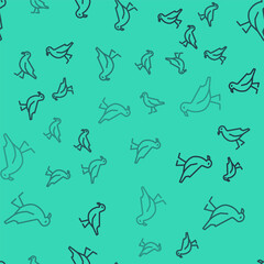 Black line Bird seagull icon isolated seamless pattern on green background. Vector