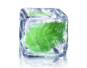 Mint leaf in ice cube isolated on white background with clipping path. © Victoria