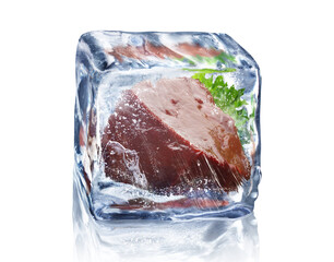 Liver in ice cube isolated on white background with clipping path.