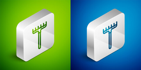 Isometric line Garden rake icon isolated on green and blue background. Tool for horticulture, agriculture, farming. Ground cultivator. Housekeeping equipment. Silver square button. Vector