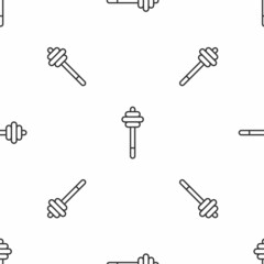 Grey line Honey dipper stick icon isolated seamless pattern on white background. Honey ladle. Vector