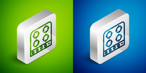 Isometric line Gas stove icon isolated on green and blue background. Cooktop sign. Hob with four circle burners. Silver square button. Vector