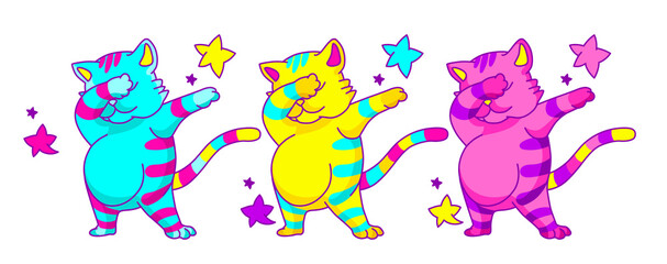 Dabbing cat Vector illustration. Acid color illustration for crazy concept.Trendy t-shirt template, vibrant funny illustration.