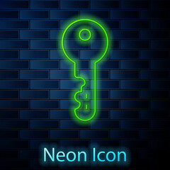 Glowing neon line House key icon isolated on brick wall background. Vector