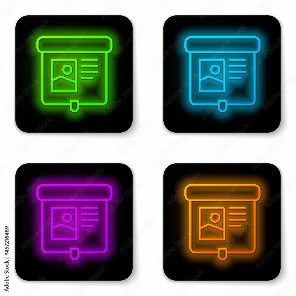Poster glowing neon line projection screen icon isolated on white background. business presentation visual 