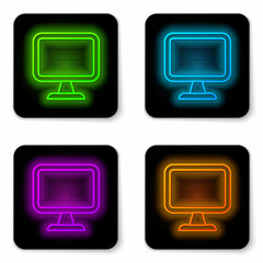 Glowing neon line Computer monitor screen icon isolated on white background. Electronic device. Front view. Black square button. Vector