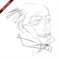 Linear, vector drawing by hand. A sketch, an abstract face of an elderly man in a bow tie.