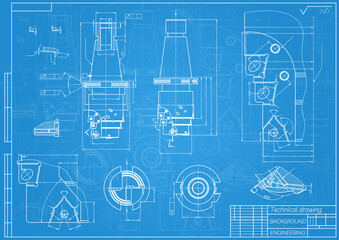 Mechanical engineering drawings on blue background. Tap tools, borer. Technical Design. Cover. Blueprint. Vector illustration.