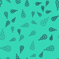 Black line Computer processor with microcircuits CPU icon isolated seamless pattern on green background. Chip or cpu with circuit board. Micro processor. Vector