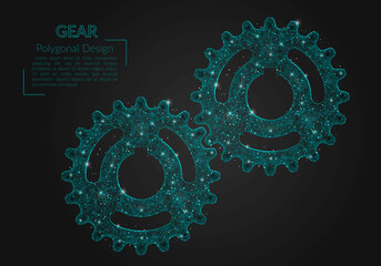 Abstract isolated blue image of a gear. Polygonal illustration looks like stars in the blask night sky in spase or flying glass shards. Digital design for website, web, internet © Katsiaryna