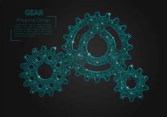 Abstract isolated blue image of a gear. Polygonal illustration looks like stars in the blask night sky in spase or flying glass shards. Digital design for website, web, internet © Katsiaryna