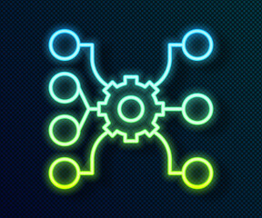 Glowing neon line Neural network icon isolated on black background. Artificial intelligence AI. Vector