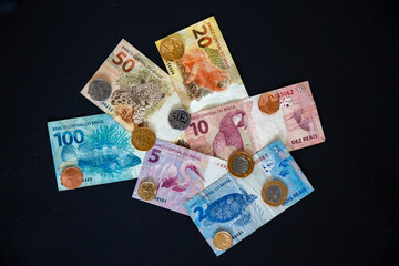 Current money in Brazil in the year 2020. Notes of 100, 50, 20, 10 and 5 reais and coins of 1.0 reais and 50,25,10 and 5 cents. Back of banknote with its animal symbol.Top view on black background