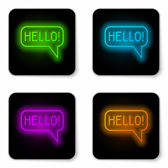 Glowing neon line Hello in different languages icon isolated on white background. Speech bubbles. Black square button. Vector