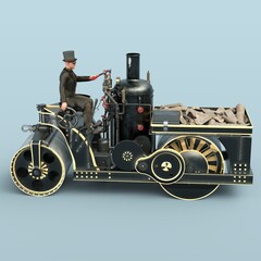 3D-illustration of a victorian steampunk steamroller. isolated rendering object