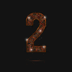 Abstract isolated orange image of a number two. Polygonal illustration looks like stars in the blask night sky in spase or flying glass shards. Digital design for website, web, internet. © Katsiaryna