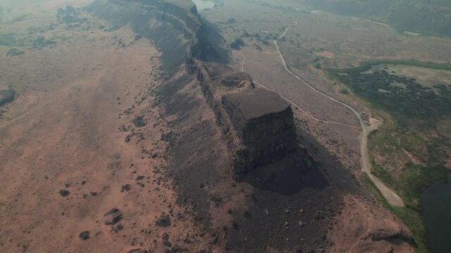 Helicopter Perspective of Dry Falls Roadside Attraction in Eastern Washington Wildfire Smoke