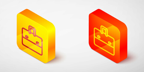 Isometric line Briefcase icon isolated on grey background. Business case sign. Business portfolio. Yellow and orange square button. Vector