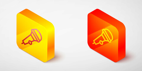 Isometric line Microphone icon isolated on grey background. On air radio mic microphone. Speaker sign. Yellow and orange square button. Vector