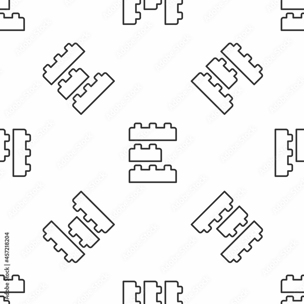 Poster grey line toy building block bricks for children icon isolated seamless pattern on white background.