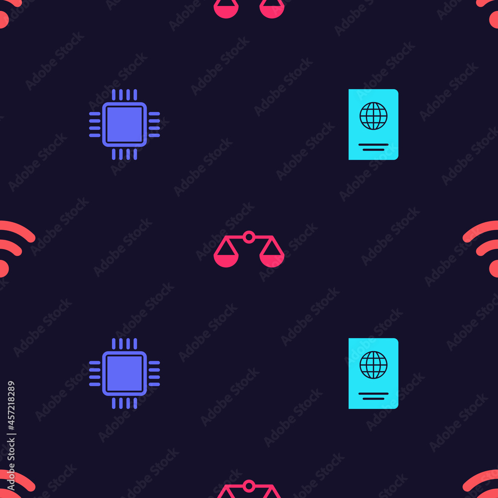 Poster set passport, processor with cpu, scales of justice and wi-fi wireless network on seamless pattern. 