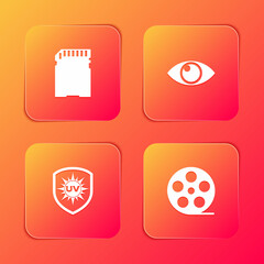 Set SD card, Eye, UV protection and Film reel icon. Vector