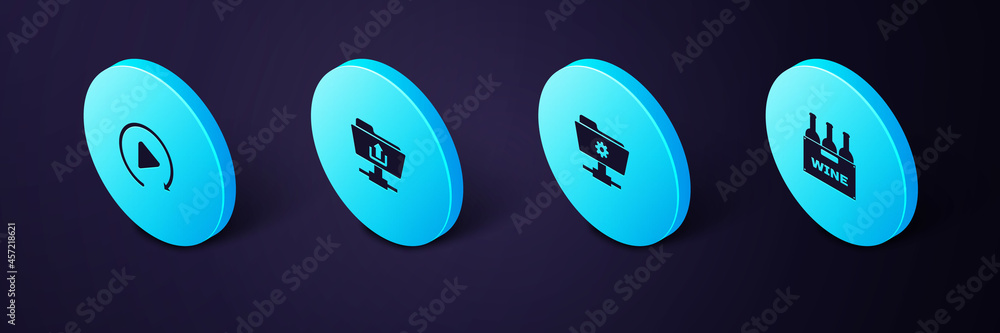 Poster set isometric bottles of wine in box, ftp settings folder, upload and video play button icon. vector