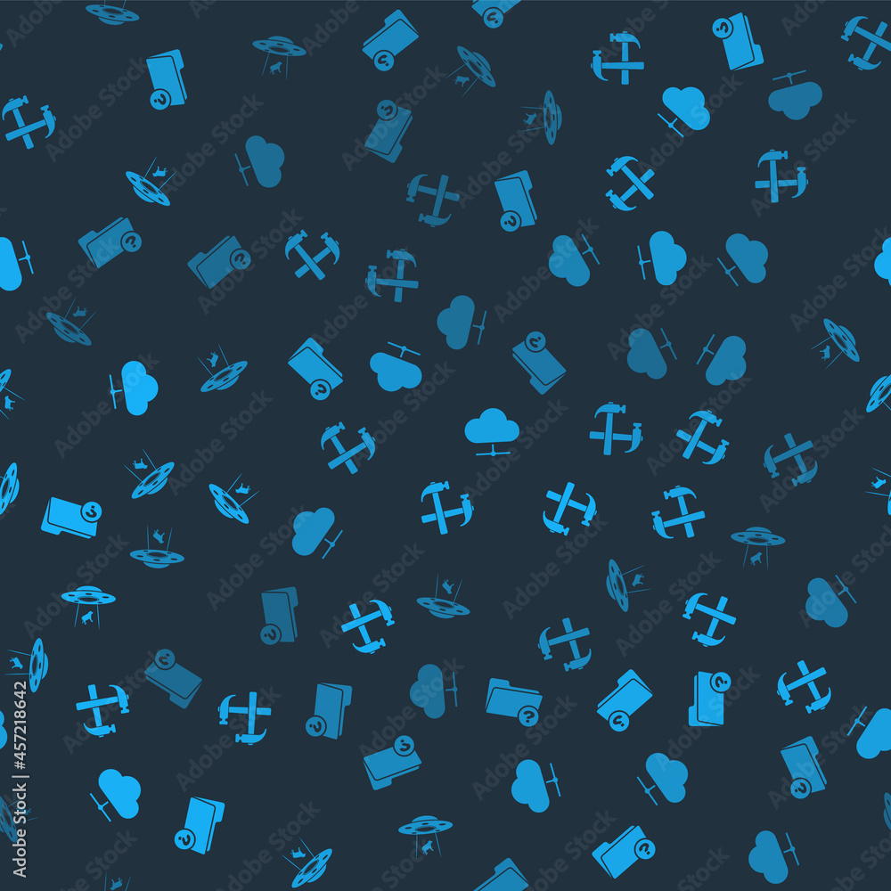 Poster set unknown directory, two crossed hammers, network cloud connection and ufo abducts cow on seamless