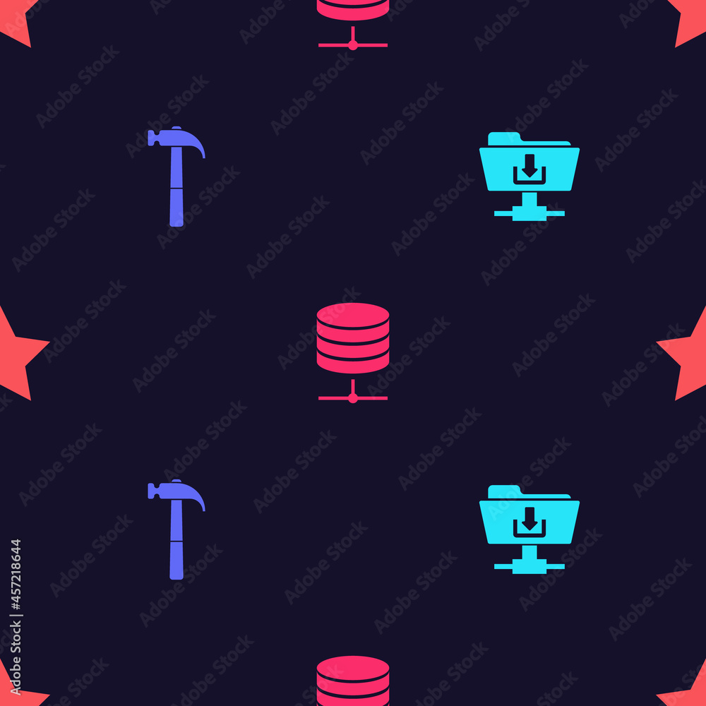 Poster set ftp folder download, hammer, server, data, web hosting and star on seamless pattern. vector