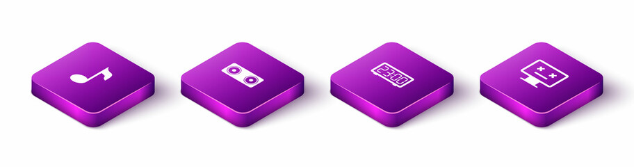 Set Isometric Music note, tone, Stereo speaker, Digital alarm clock and Dead monitor icon. Vector