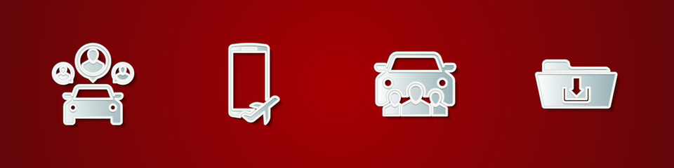 Set Car sharing, Flight mode the mobile, and Folder download icon. Vector